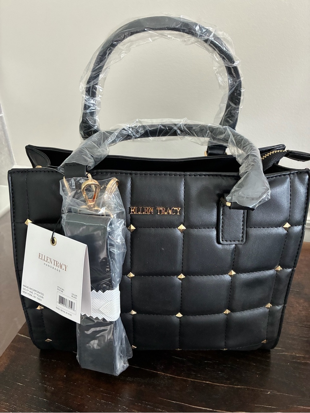 Ellen Tracy Black Quilted and Studded Top-Handle Satchel with Gold Accents